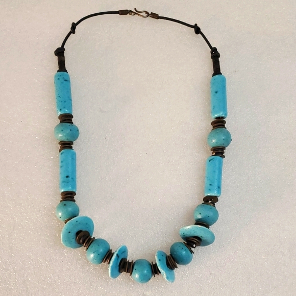 Vintage Blue Beaded Ceramic Necklace 16" Long